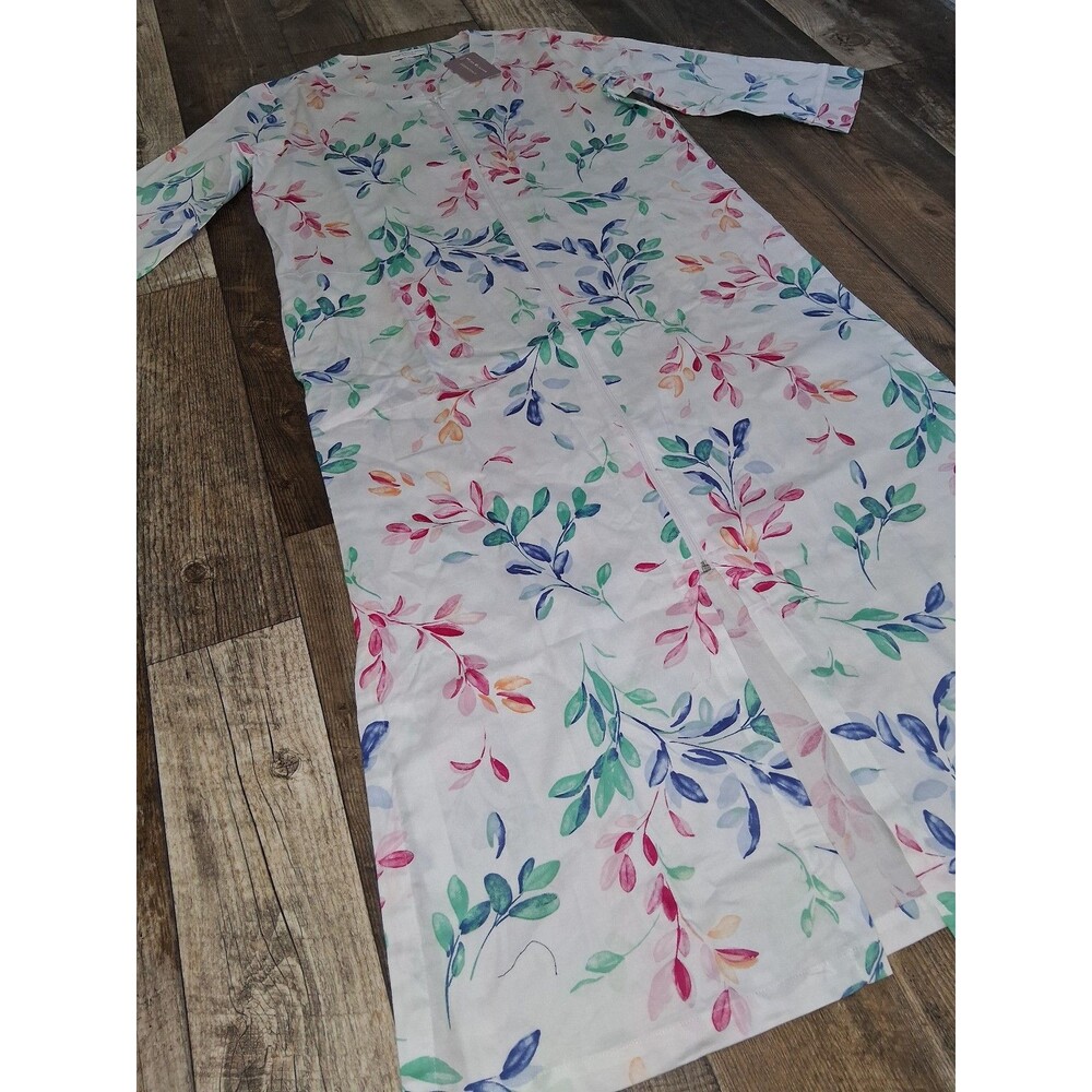 NWT! Women's Miss Elaine Essential Sateen Woven Long Zip Robe, Wtr Clr Leaves, S - Picture 4 of 9